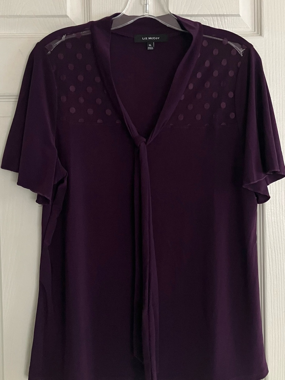 Liz McCoy Purple Tie-Neck Dot-Yoke Blouse Size XL